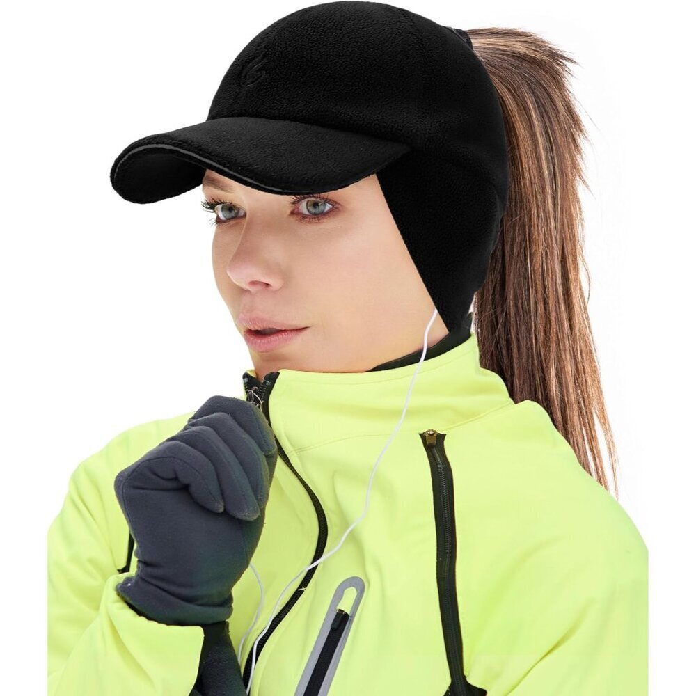 Women's Winter Reflective Fleece Ponytail Hat Ear Flap Running Cap